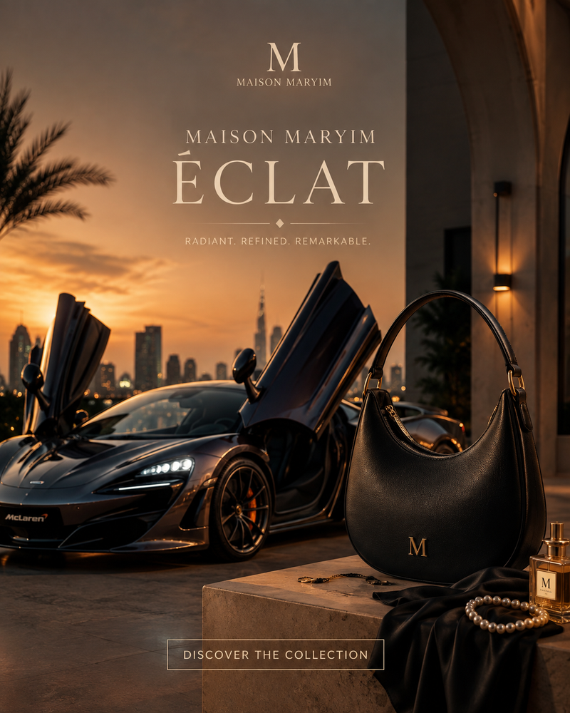 Luxury fashion portrait featuring a Maison Maryim leather handbag