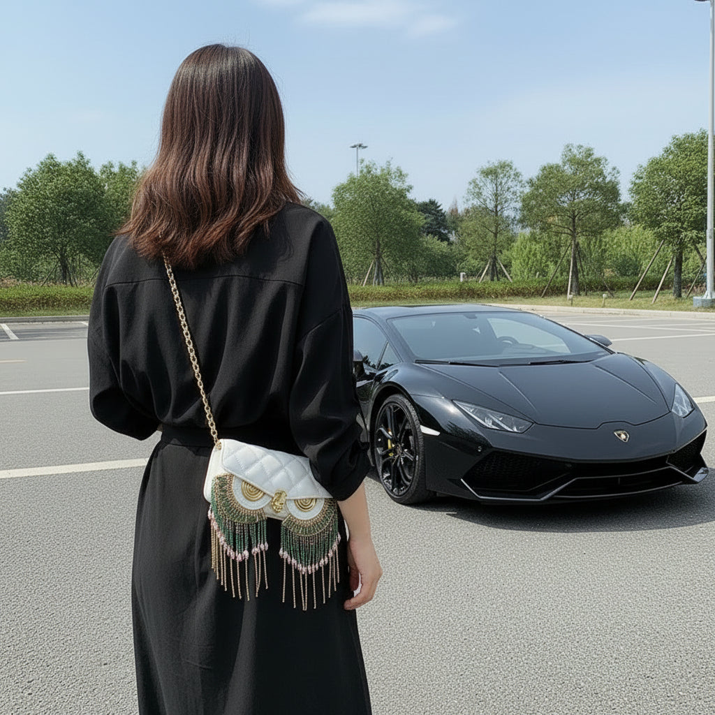 Maison Maryim Designer Owl Tassel Handbag for Women — back view — handbag