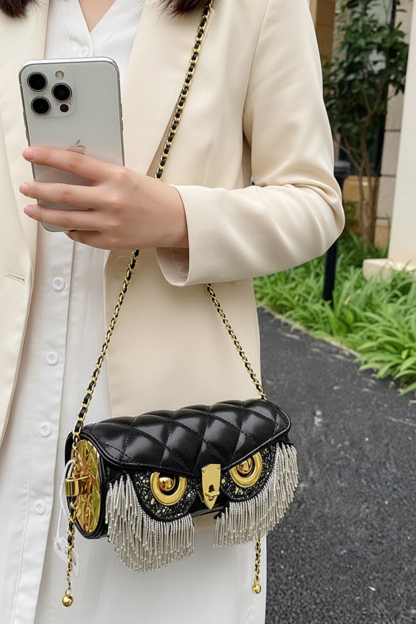 Maison Maryim Designer Owl Tassel Handbag for Women — styled view — handbag