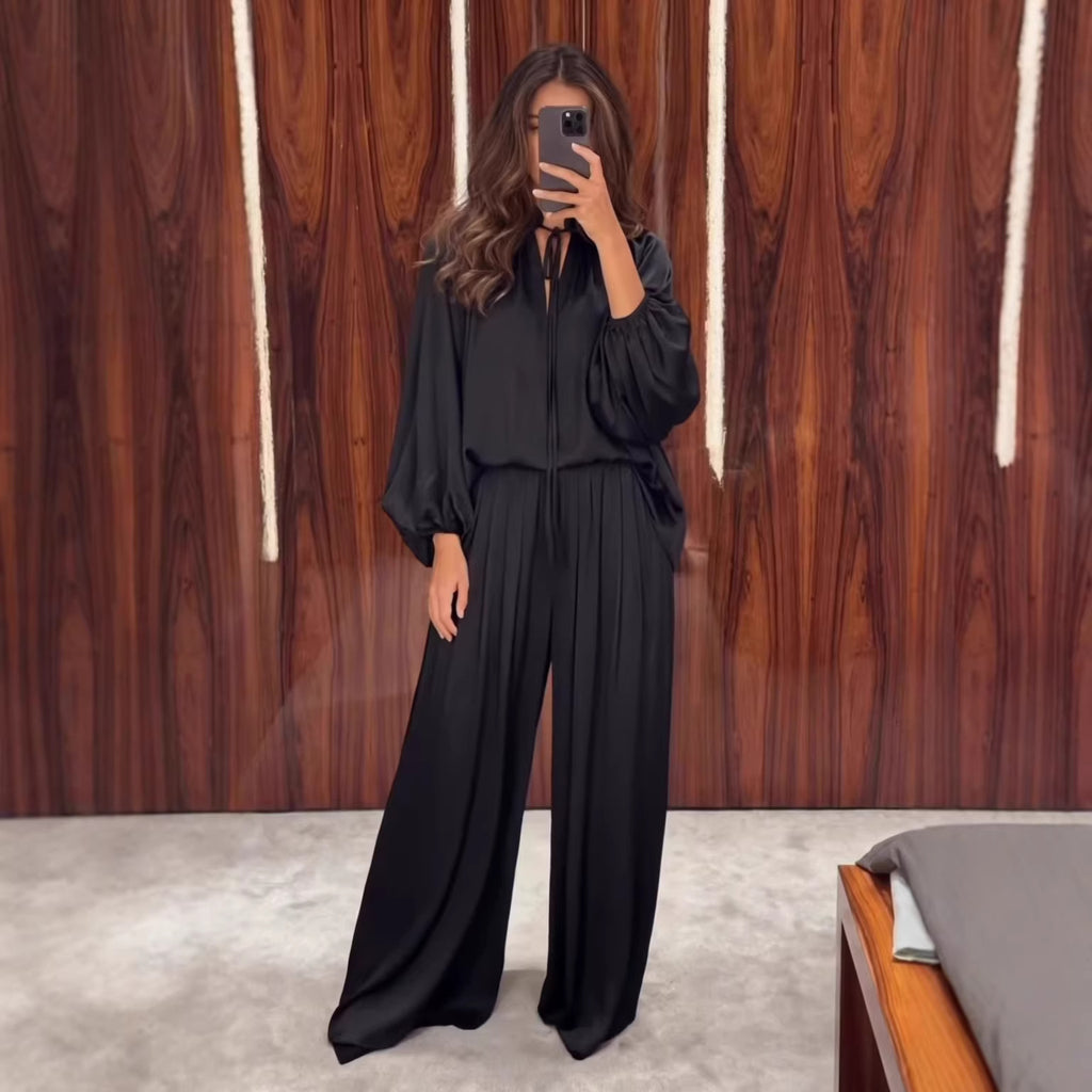 Maison Maryim Lace-Up V-Neck Pants Set — back view — two-piece set