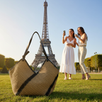 Maison Maryim Striped Woven Straw Tote with Black Trim — close-up detail — handbag