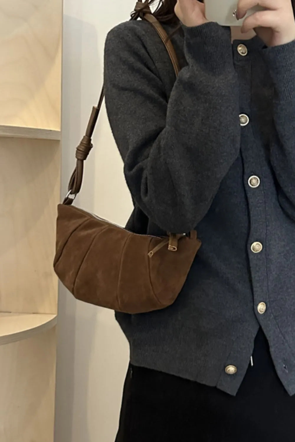 Maison Maryim Luxury Suede Croissant Shoulder Bag — detail view — handbag