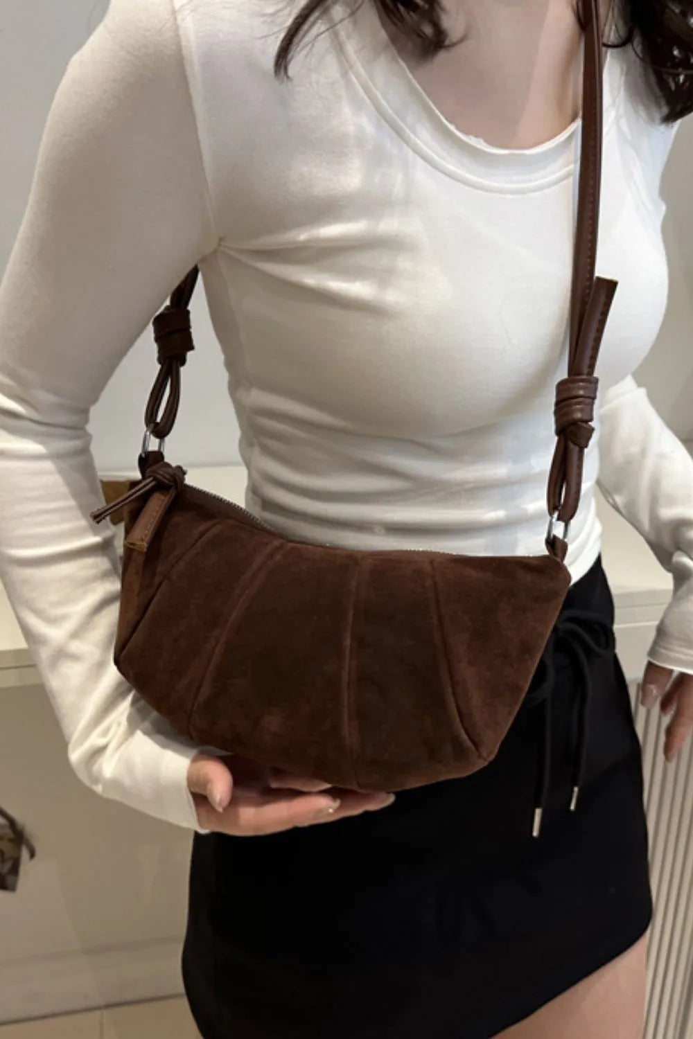 Maison Maryim Luxury Suede Croissant Shoulder Bag — angle view — handbag