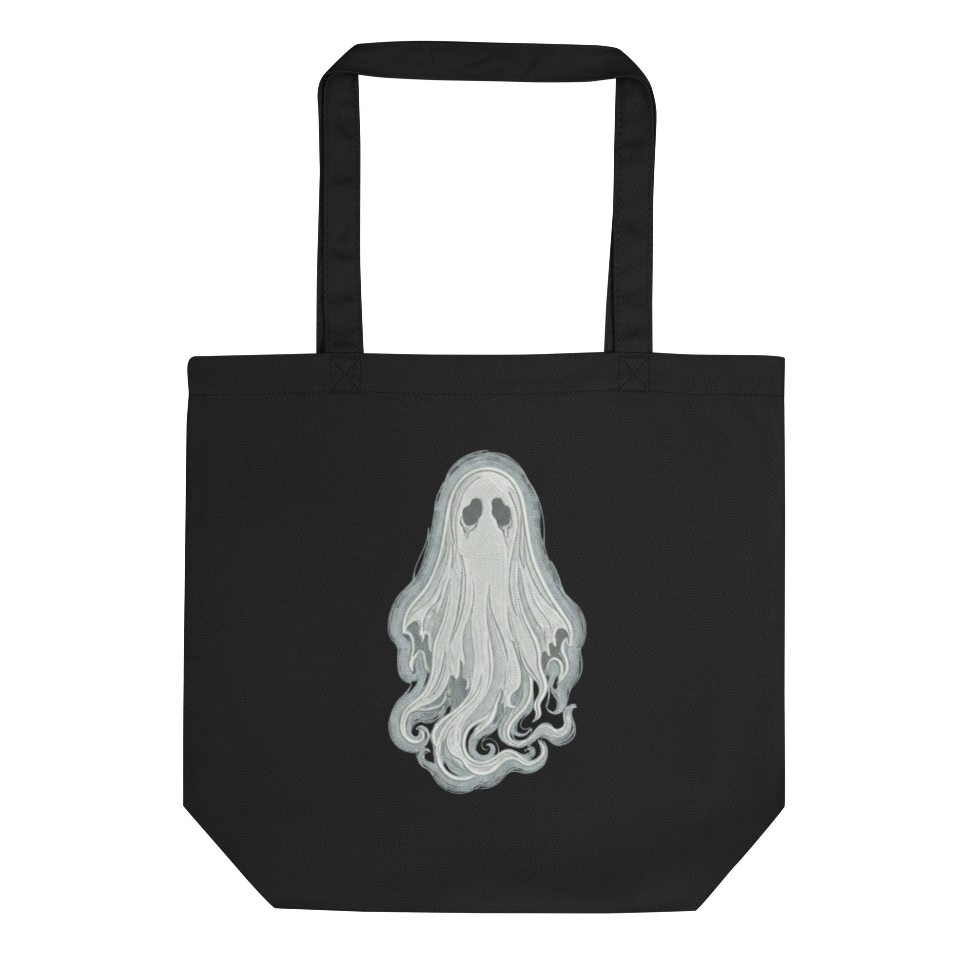 Maison Maryim Spectre Embroidered Tote in Noir — front view with hand-embroidered ghost silhouette on black canvas